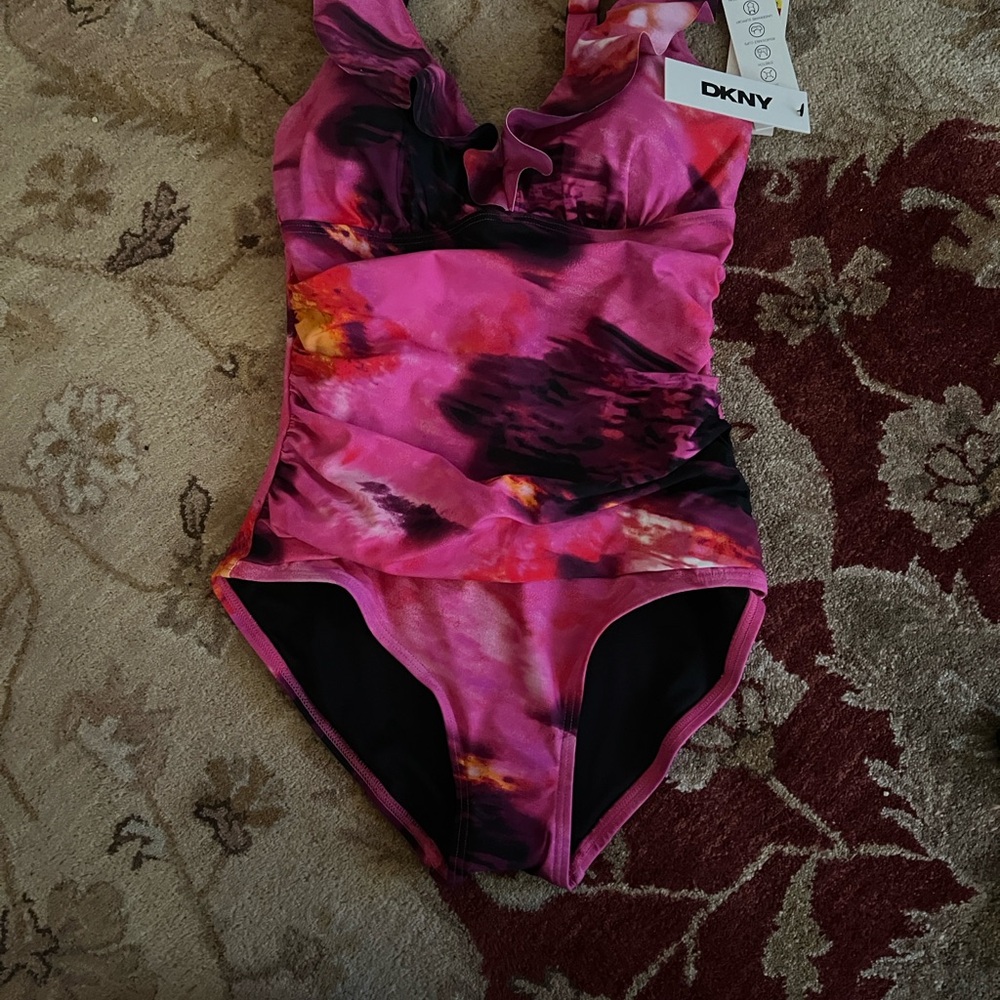 DKNY Vibrant Pink and Black One-Piece Swimsuit